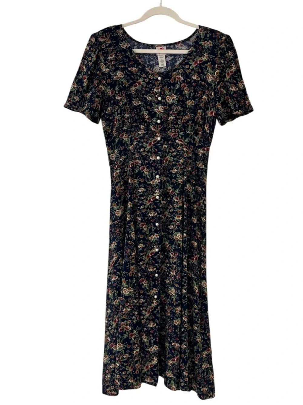 90s Floral Empire Waist Rayon Midi Dress Prairie Cottagecore No Boundaries - Picture 2 of 14